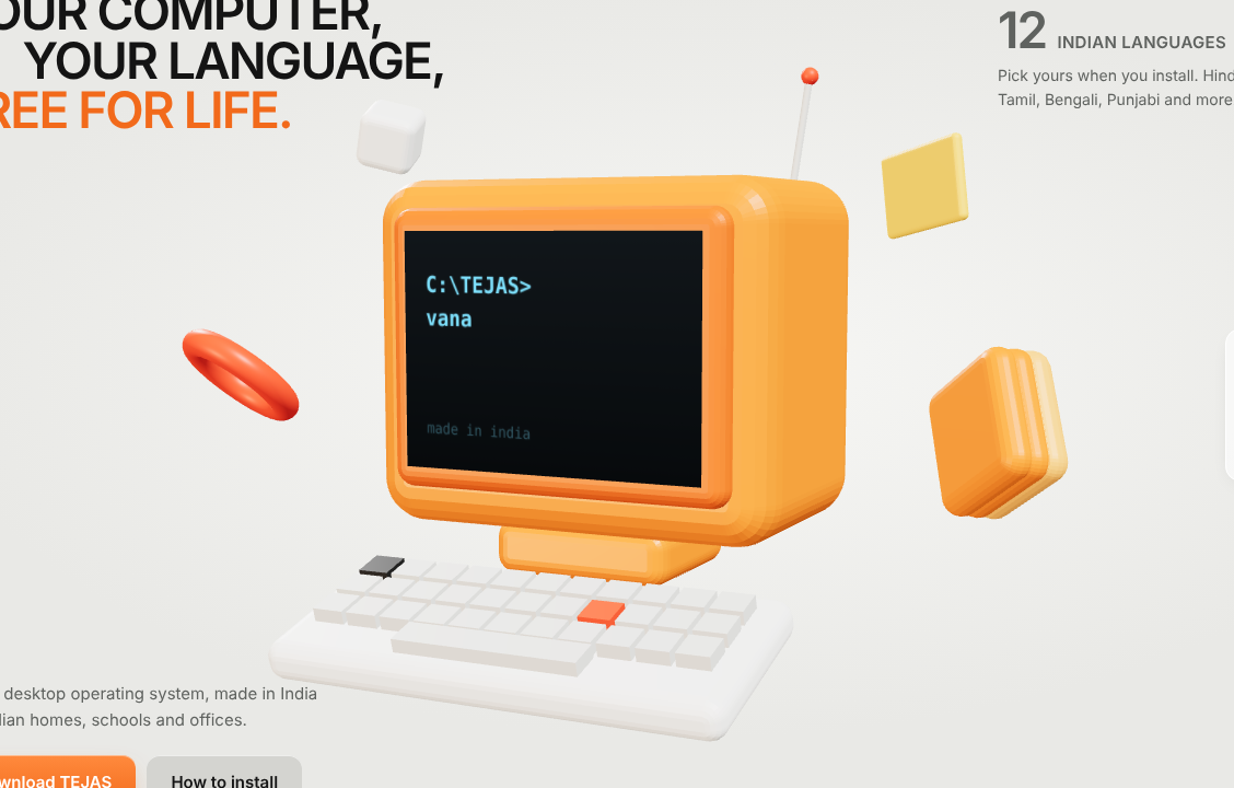 An orange retro computer with TEJAS on its screen, a keyboard, a smiley tile, an envelope and an orange ring floating around it