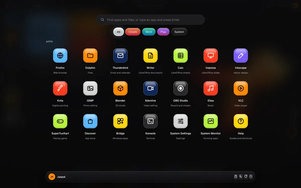The TEJAS app launcher with apps grouped by what they do