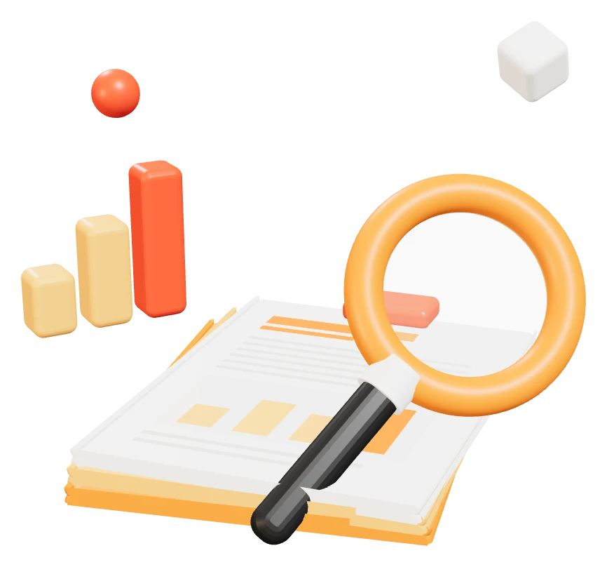 A 3D stack of research papers with charts, an orange magnifying glass and a rising bar chart